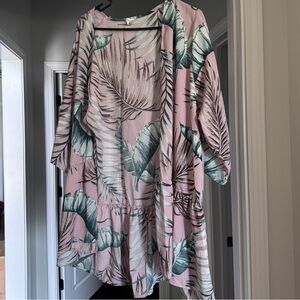 Summer Vacation Pink & Green Leaf Print Kimono Bathing Suit Pool Cover Up